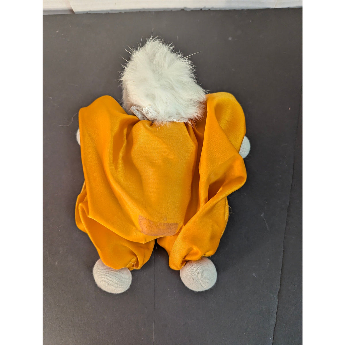Vintage Porcelain Clown Doll Yellow Satin Jumpsuit White Faux Fur Hair