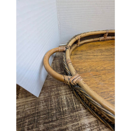 Vintage Rattan and Wicker Oval Serving Tray with Woven Trim and Handles