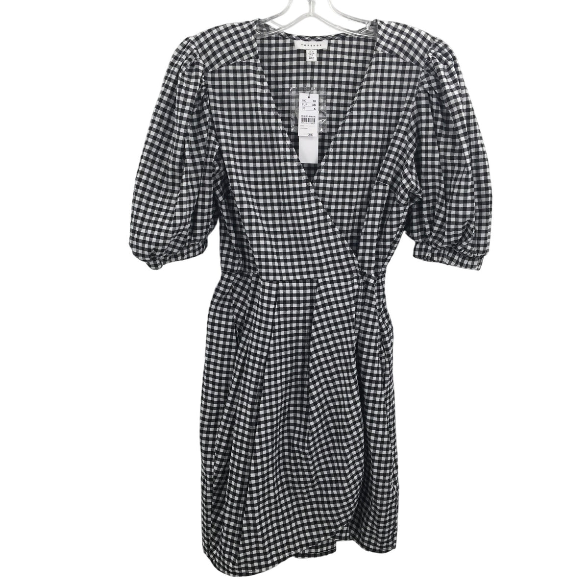Topshop Gingham Print Wrap Mini Dress Short Sleeve White/Black Size 6 NWT
