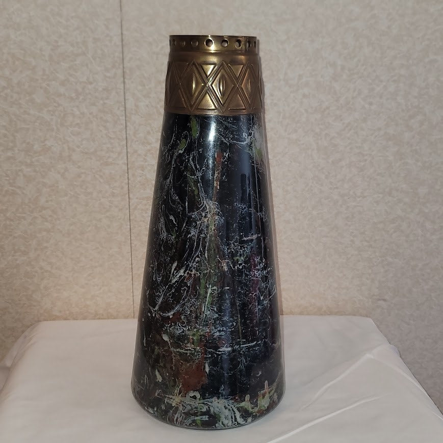 Vintage Art Deco Conical Glass Vase w/ Brass Collar Insert 13"
