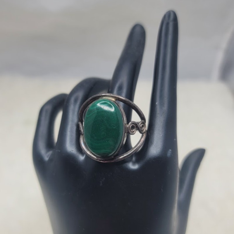 Vintage Sterling Silver Malachite Statement Ring Art Nouveau Swirl Size 9