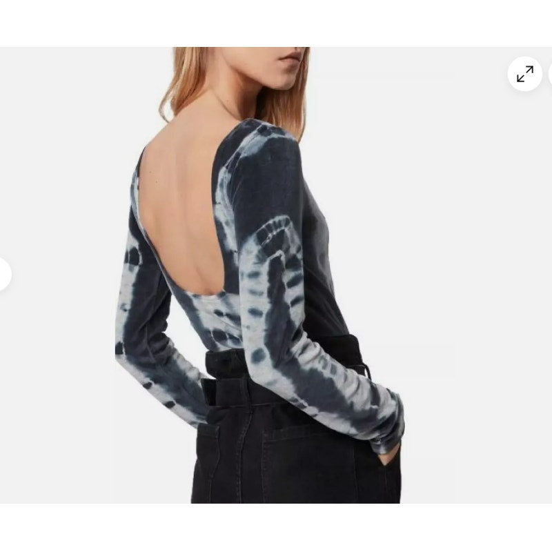 Allsaints Womens sIZE 6 Tie Dye Gray Blue Raffi Velvet Bodysuit Long Sleeve Top