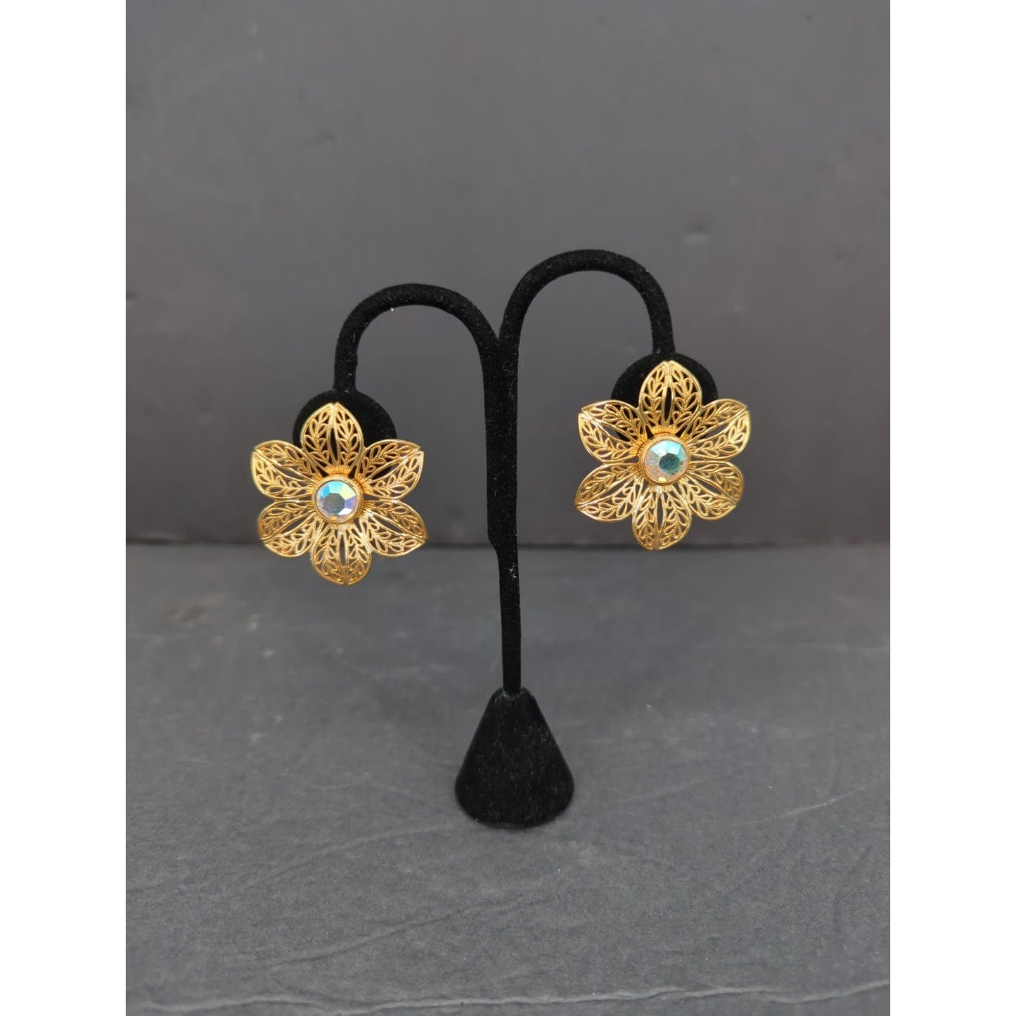 Vintage Gold Tone Filigree Floral AB Rhinestone Clip On Earrings Boho