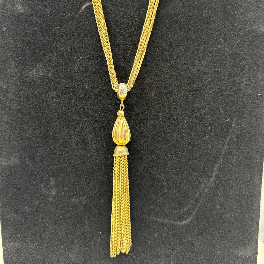 Vintage Double Strand Gold Tone Tassel Statement Necklace Rabbit Ear Bail