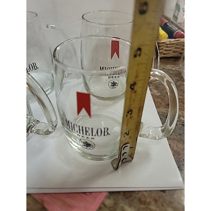 set Of 4 Michelob Beer 1896 Logo Glass Mug Cup Handle Thin Classy BARWARE Bar