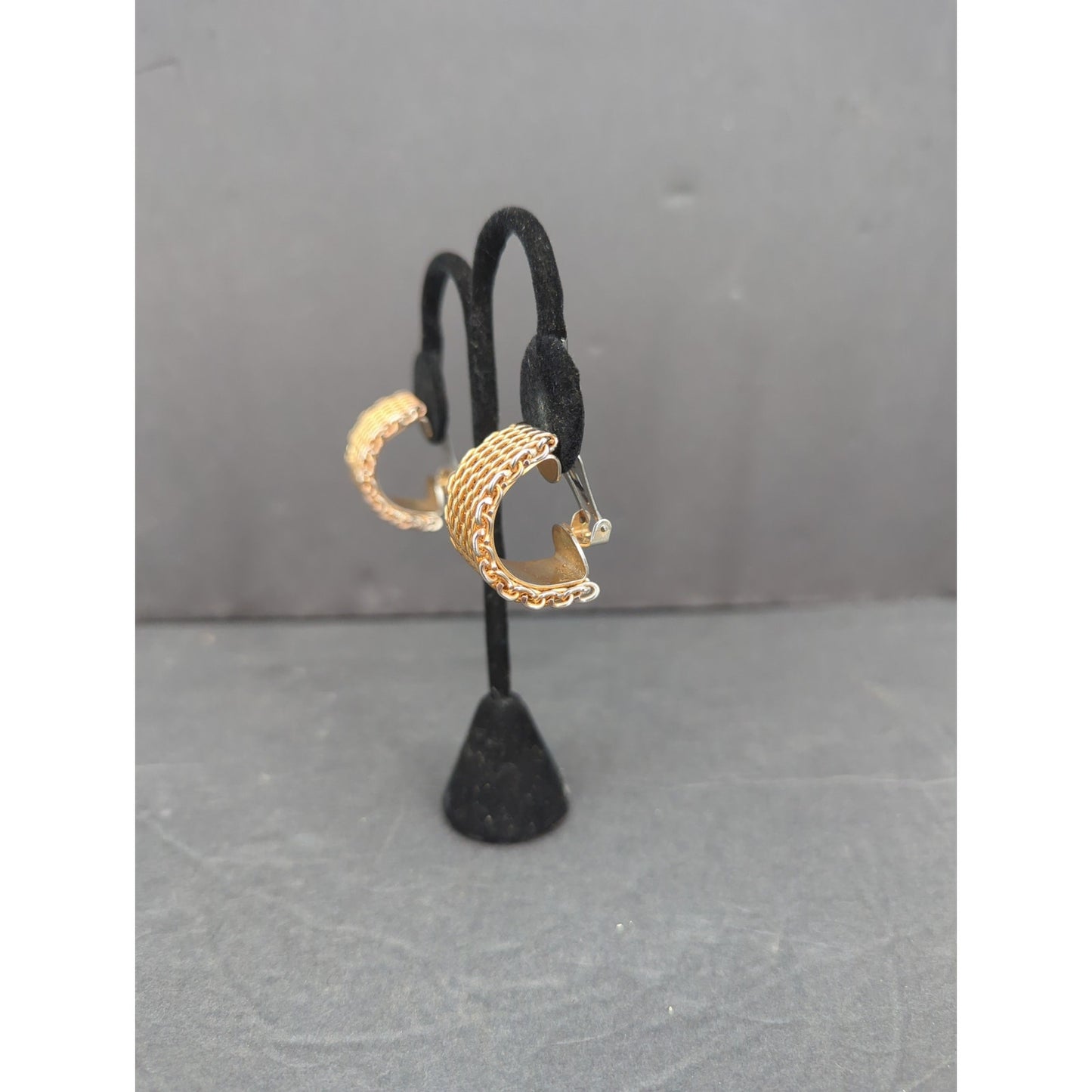 Vintage Gold Tone Woven Chain Textured Half Hoop Clip On Earrings MCM classice