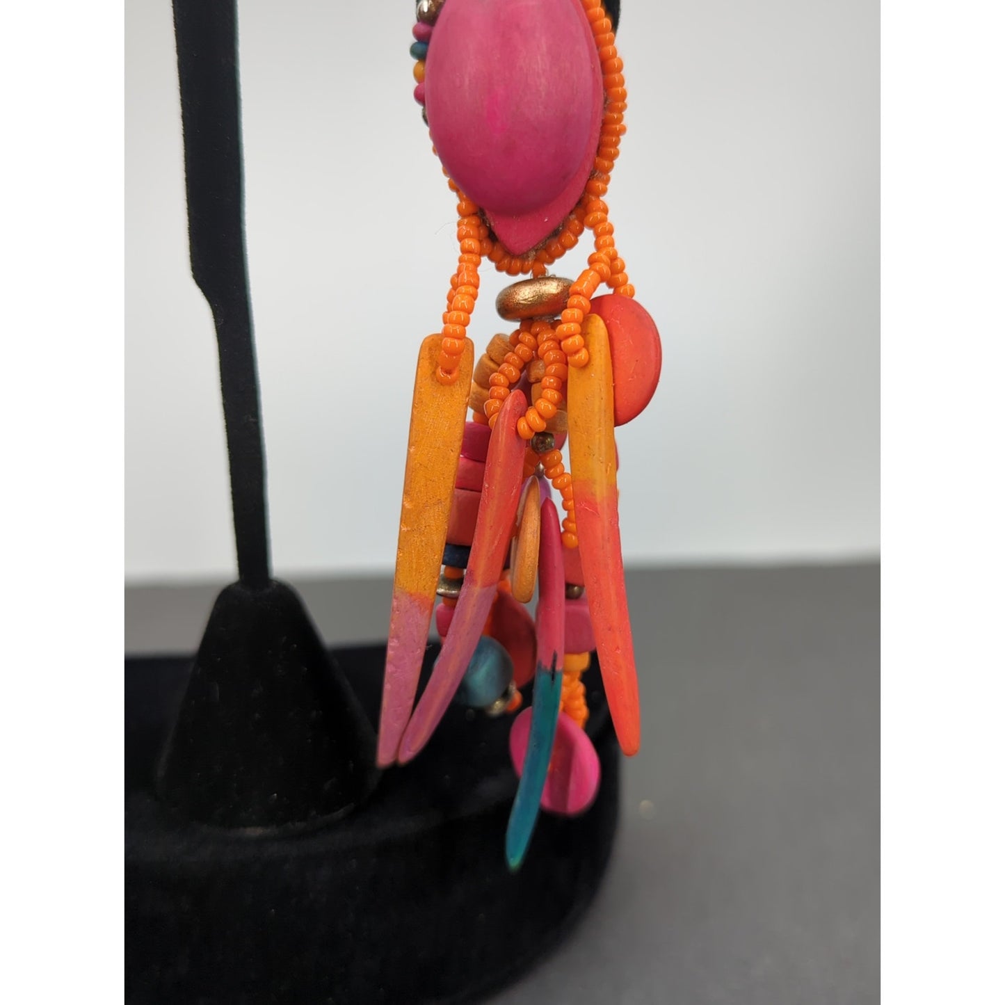 Whimsigoth Neon Orange Wood Beaded Multi-Strand ClipOn Earrings 80s Neon Grunge