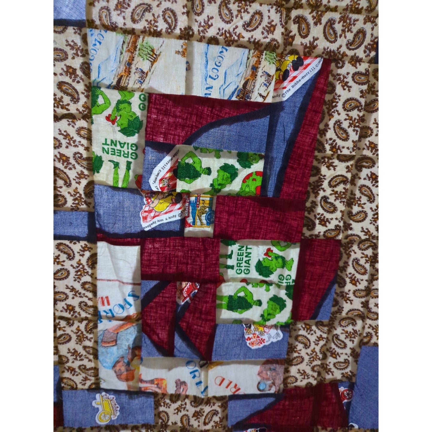 Flannel Quilt Topper Handmade Jolly Green Giant Vintage Fabric 86" x 64" F/Q