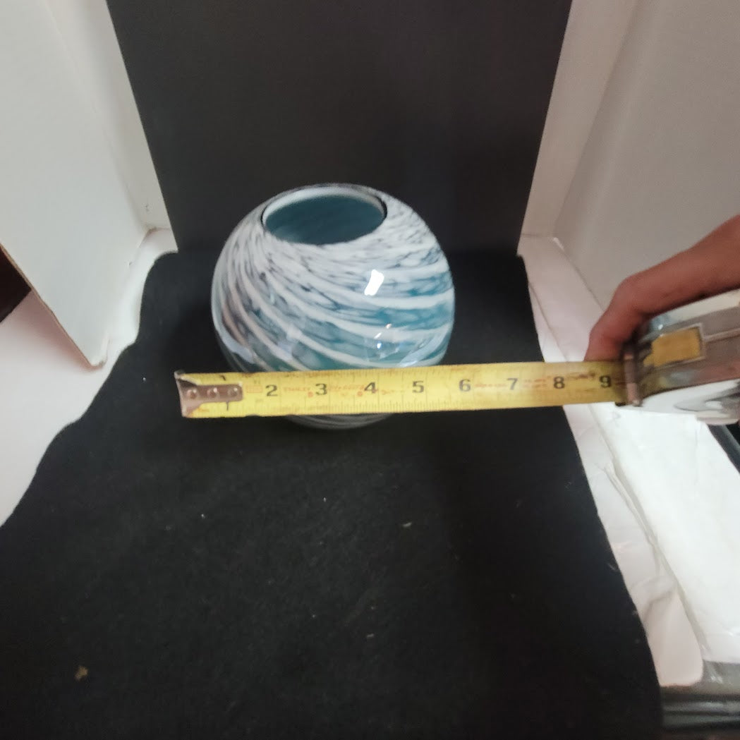 Vintage Blue White Swirl Art Glass Rose Bowl Vase Candle Holder Coastal Beach