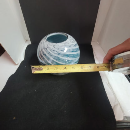 Vintage Blue White Swirl Art Glass Rose Bowl Vase Candle Holder Coastal Beach