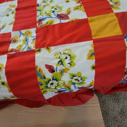 Vintage Farmhouse Red Yellow Floral Patchwork Unfinished Quilt Top 108x88 Queen