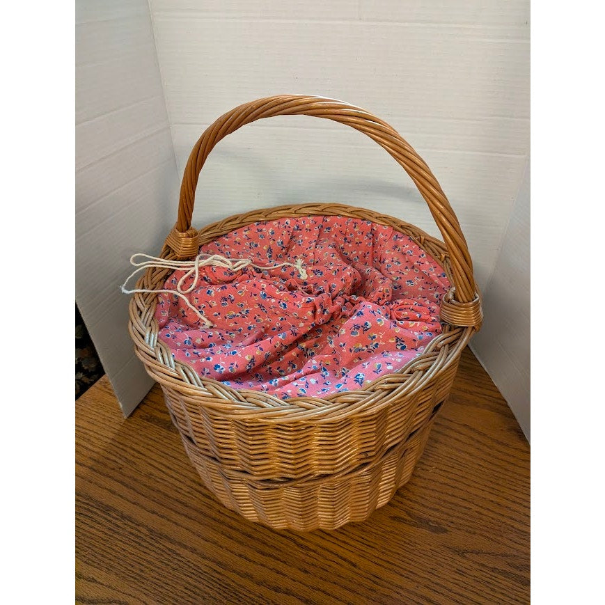 Vintage Woven Wicker Gathering Basket with Calico Drawstring Liner Sewing 18"