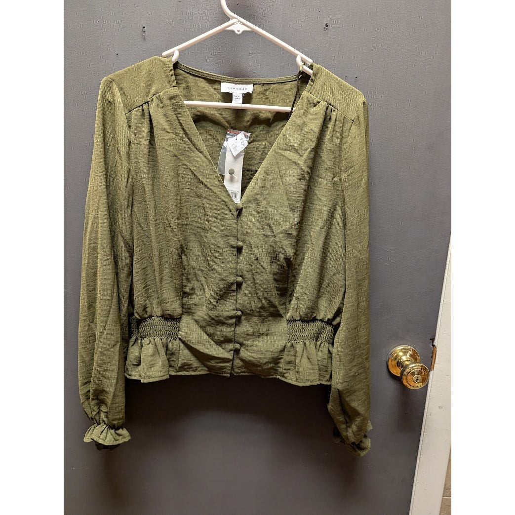 Topshop Sage Green blouse Peasant Crop Top Size 10 Ruffle Nec Puff Sleeve NEW