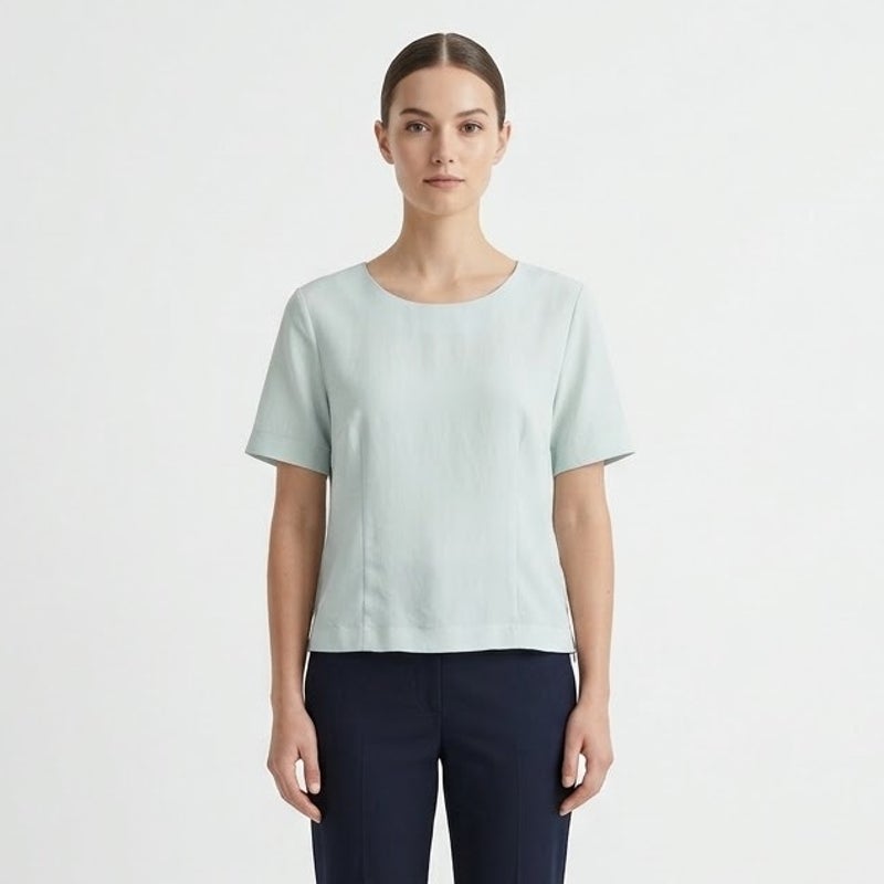 Vintage Sheer Jodel Side Zip Blue Short Sleeve Cropped Round Neck Top