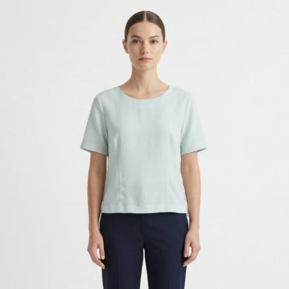 Vintage Sheer Jodel Side Zip Blue Short Sleeve Cropped Round Neck Top