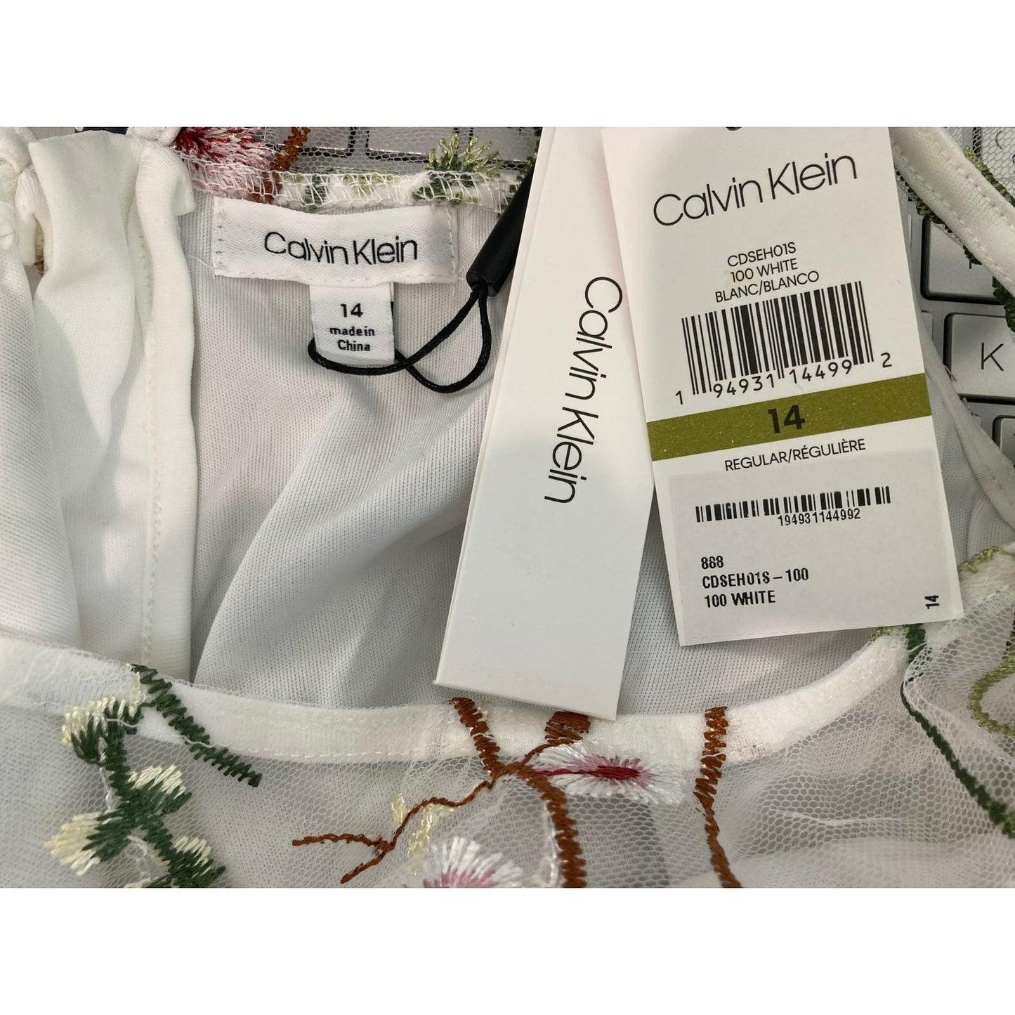 Calvin Klein Sleeveless Embroidered Mesh Overlay Girls' Dress Sz 14 in White NWT