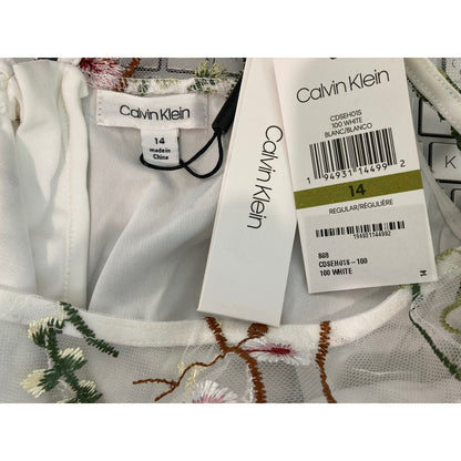 Calvin Klein Sleeveless Embroidered Mesh Overlay Girls' Dress Sz 14 in White NWT