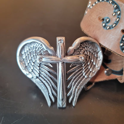 Nocona Floral Brown Boho Western Medium Genuine Leather Silver Angel Cross Wings