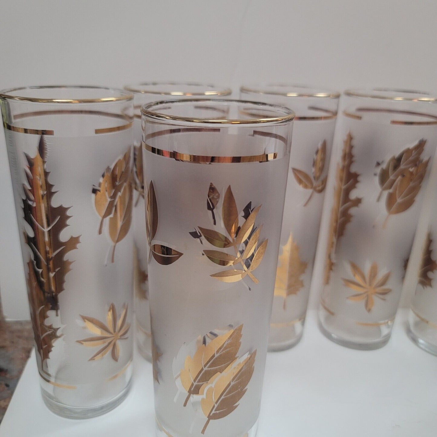 MCM Barware Highball Drinkware Cocktail Set of 8 Libbey Gold Leaves 7'' glasses
