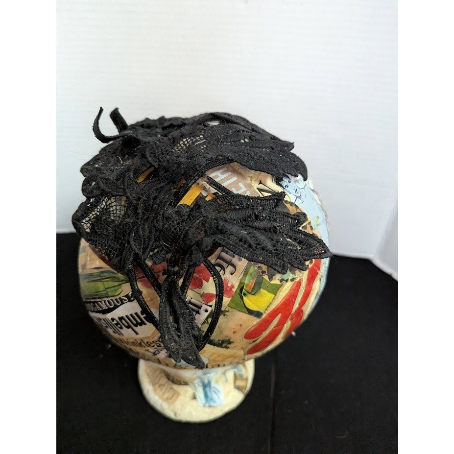 Vintage 50s Black Lace Whimsy Hat Velvet Bow Juliet Cap Noir Glam 40's 50's