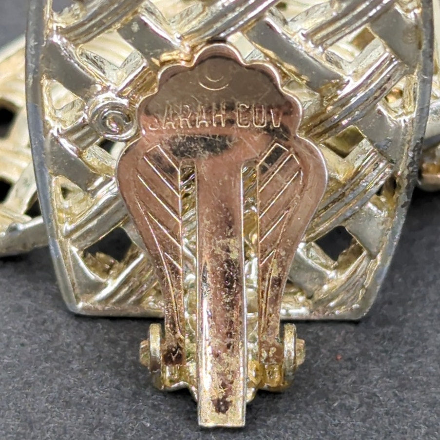 Vintage Sarah Coventry Geometric Gold Basketweave Clip On Earrings Whimsigoth