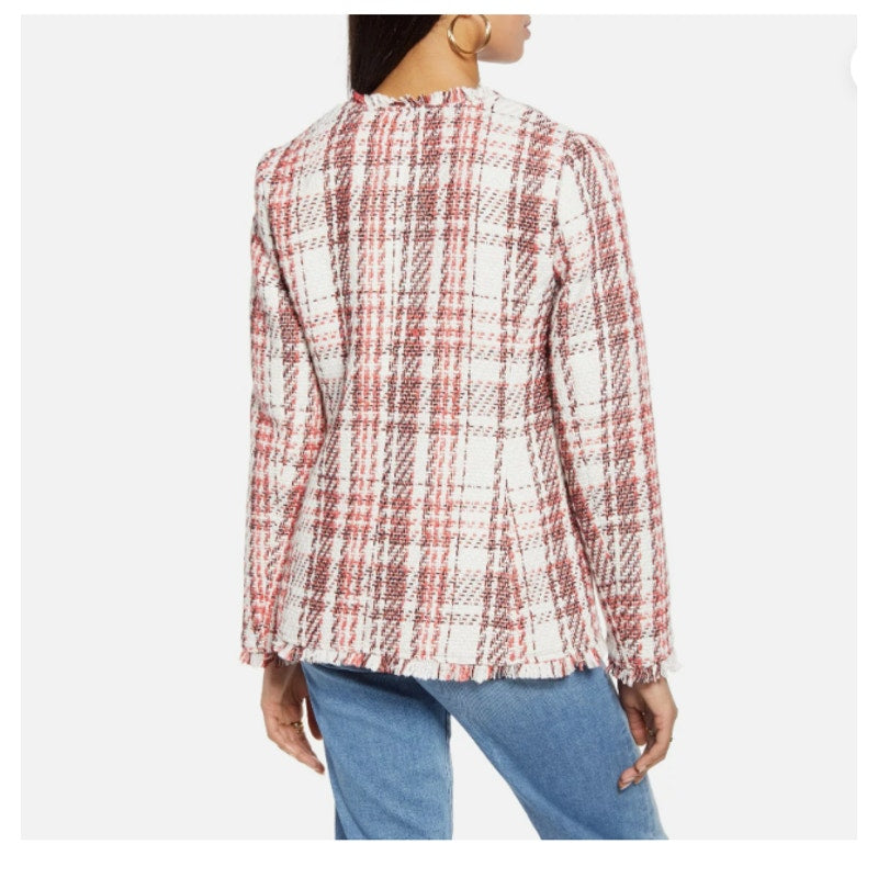 Halogen women new open front plaid tweed jacket LARGE  Ivory Coral career CASUAL