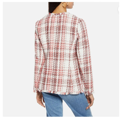 Halogen women new open front plaid tweed jacket LARGE  Ivory Coral career CASUAL