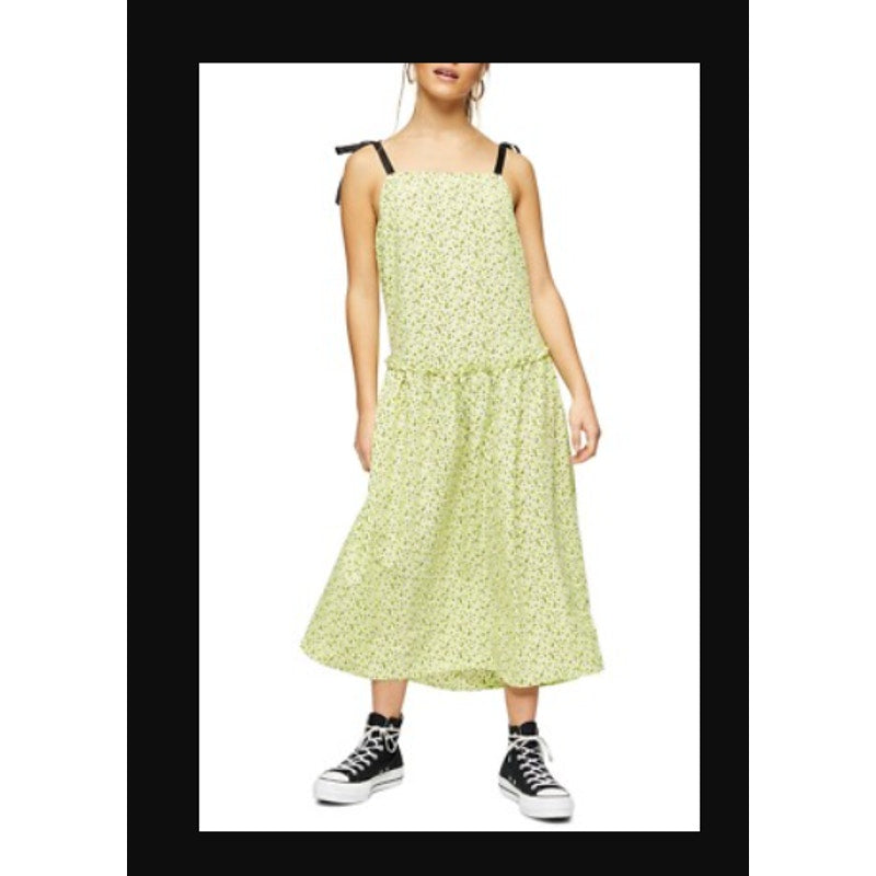 Topshop oversized Green Floral Print Drop Waist Midi Casual Maxi Dress 6 Small