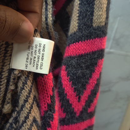 Vintage Perfectly Priscilla Pink Aztec Fringe Longline Cardigan Sweater Small