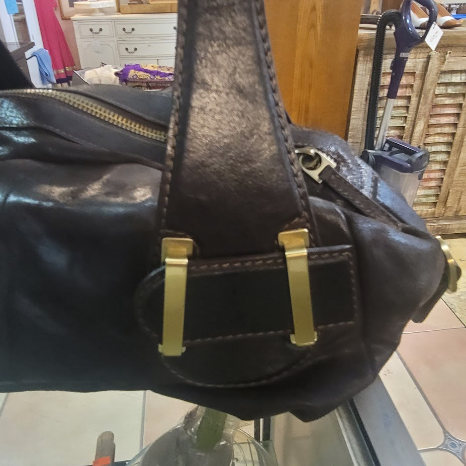 Vintage Sondra Roberts Chocolate Brown Leather Hobo Shoulder Bag Brass Details