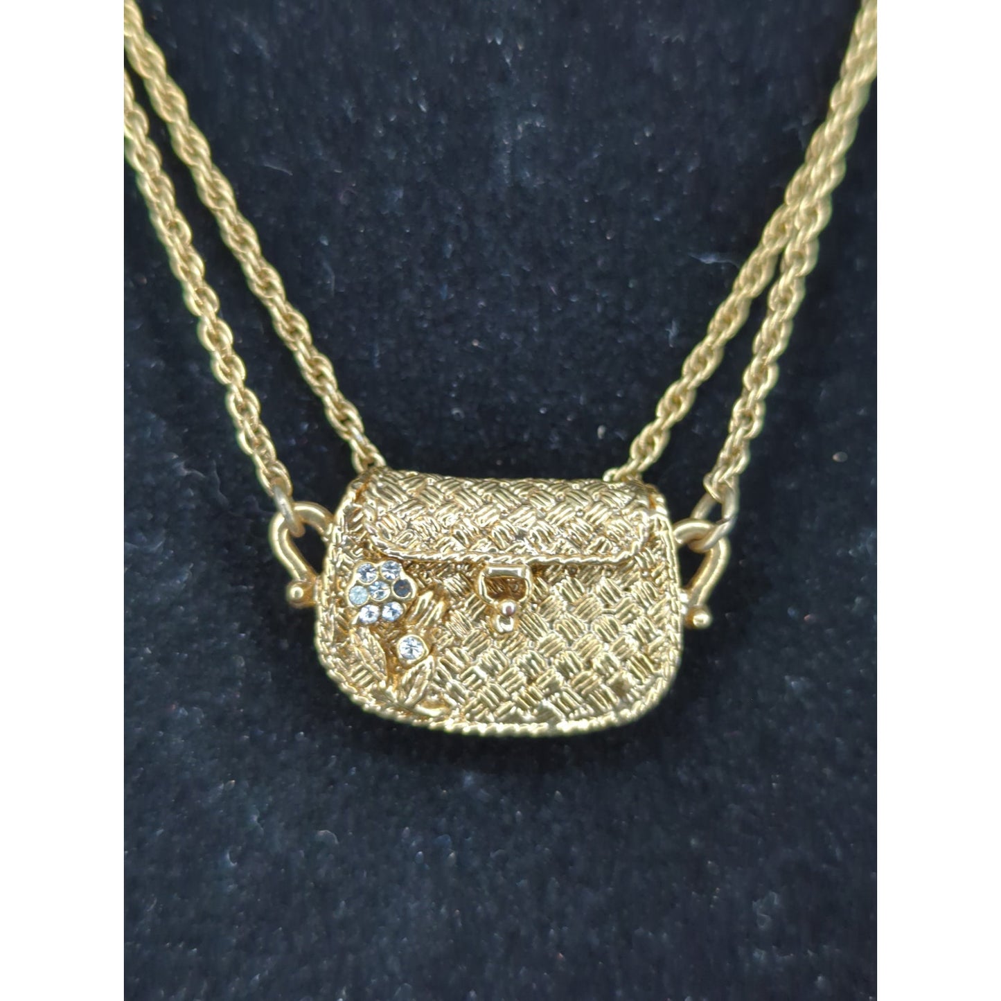 1928 Vintage Gold Tone Purse Pendant Long Chain Necklace Glam