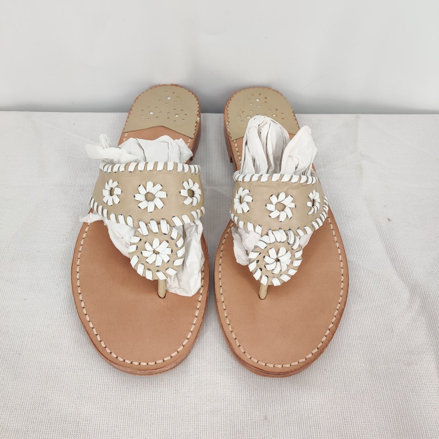 Palm Beach Sandals Tan and White Leather Flat Sandals Size 10 Made in USA