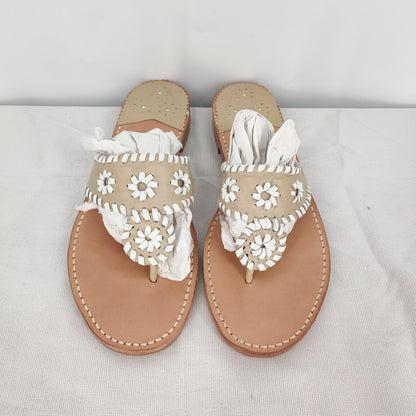 Palm Beach Sandals Tan and White Leather Flat Sandals Size 10 Made in USA