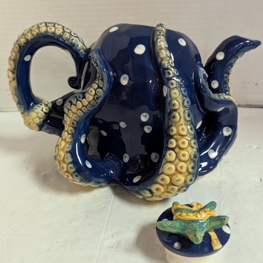 Blue Sky Claywork Blue Octopus Ceramic Teapot Polka Dot Nautical Coastal Novelty