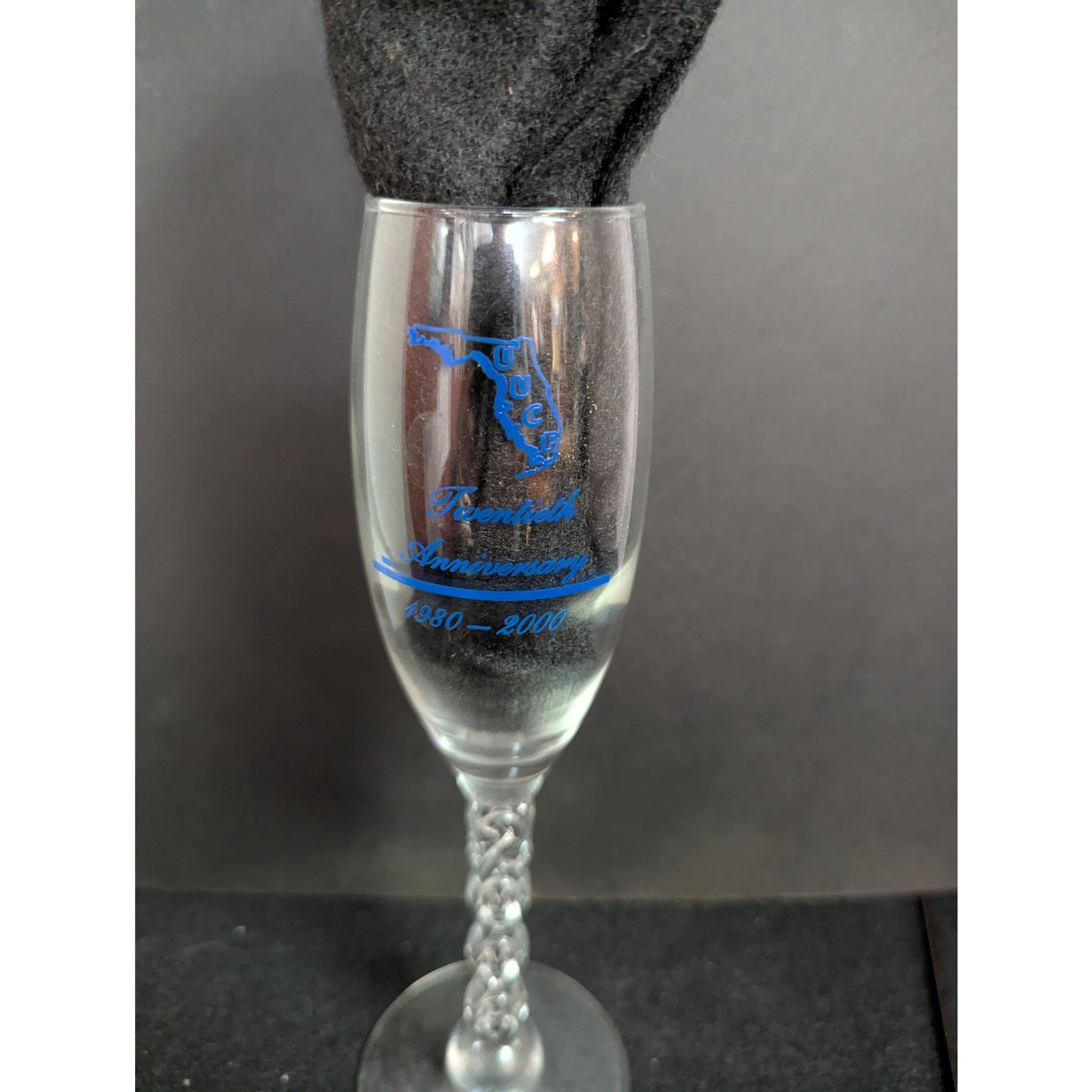 Vintage UUCF Florida 20th Anniversary Champagne Flutes Twisted Stem Glasses Trio
