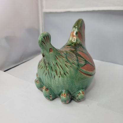 Hen and chicks Handmade pottery green clay incised design 7" x 5" Art Pottery