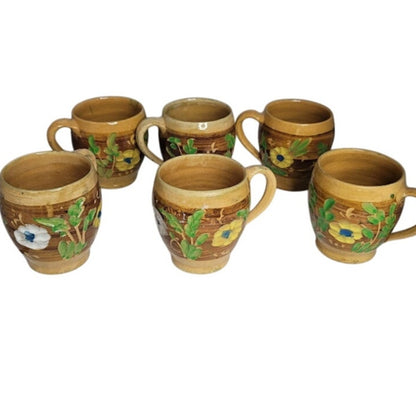 Set of 6 Primitive folk VINTAGE hand painted art pottery mug cup encised flowers