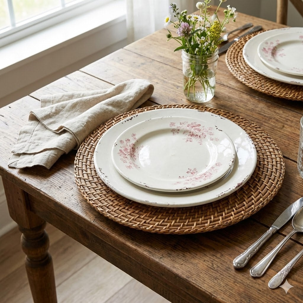 Set 6 Wicker Rattan Plate Chargers 13.75" Round Boho Rustic Farmhouse Placements