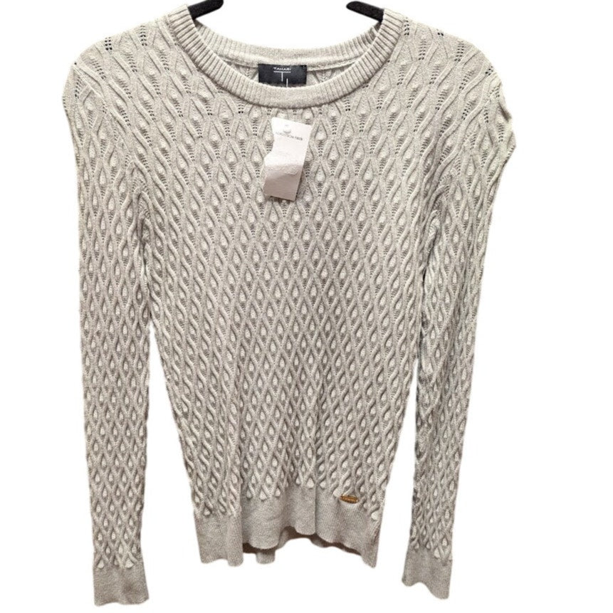 T. Tahari sweater crew neck long sleeve weave chain Oatmeal ribbed hem MEDIUM