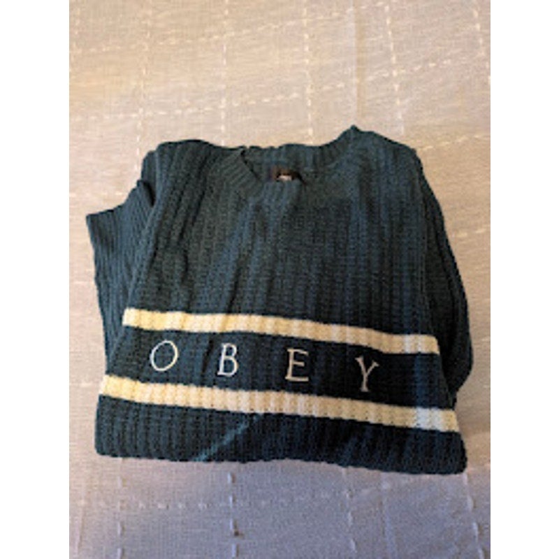 Obey Pullover Sweater Long Sleeves Crew Neck Knit Wool Green/ White Small NWT