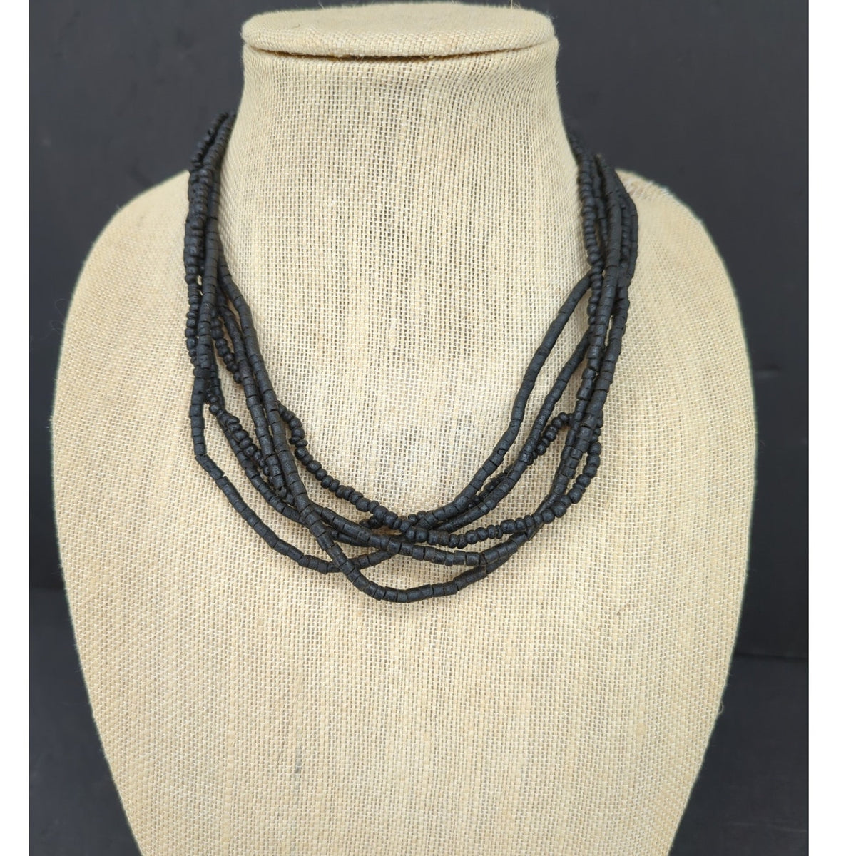 Vintage Multi Strand Beaded Tassel Necklace Y2K Boho Black Gold Tone Glam
