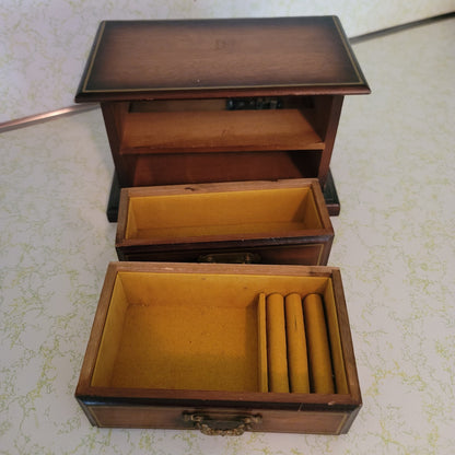 Vintage JEWELRY  wood music box brown yellow lining rings small vanity dresser