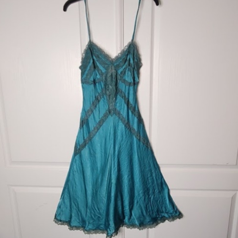 Vintage Turquoise Teal Silk Beaded Halter Slip Dress Size Medium