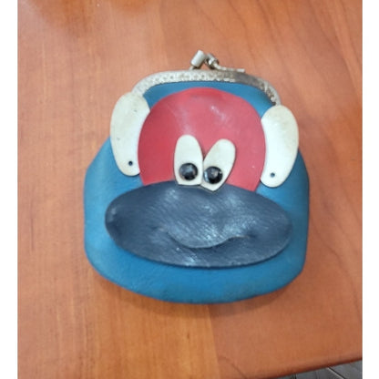 Vintage 1970s Monkey Coin purse kiss lock Blue Red White 4" money pouch