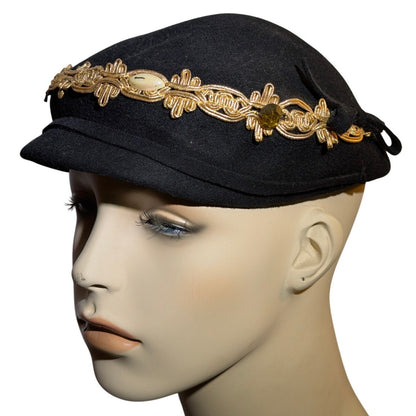 Vintage 50s Glentover Henry Pollak Black Wool Newsboy Cap Gold Trim Hat PinUp