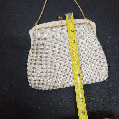 Vintage OROTON made Germany metal mesh purse handbag floral kiss clasp cream