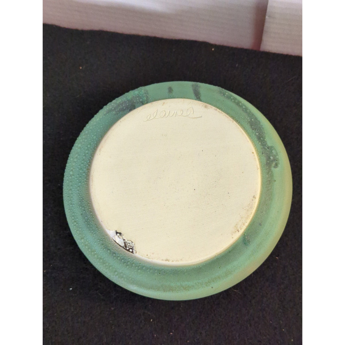 Art Pottery studio signed Elaine candle holder Green Leaf Design Natural