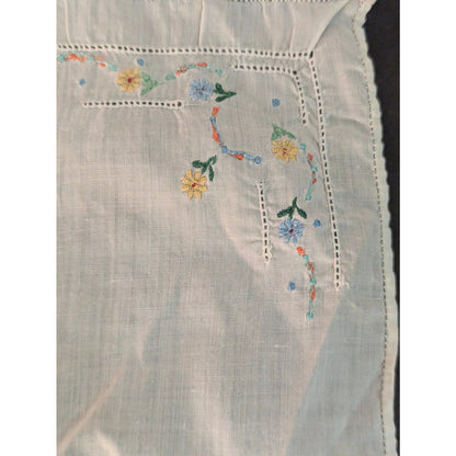 Vintage Embroidered Floral White Handkerchief Pastel Flowers Openwork
