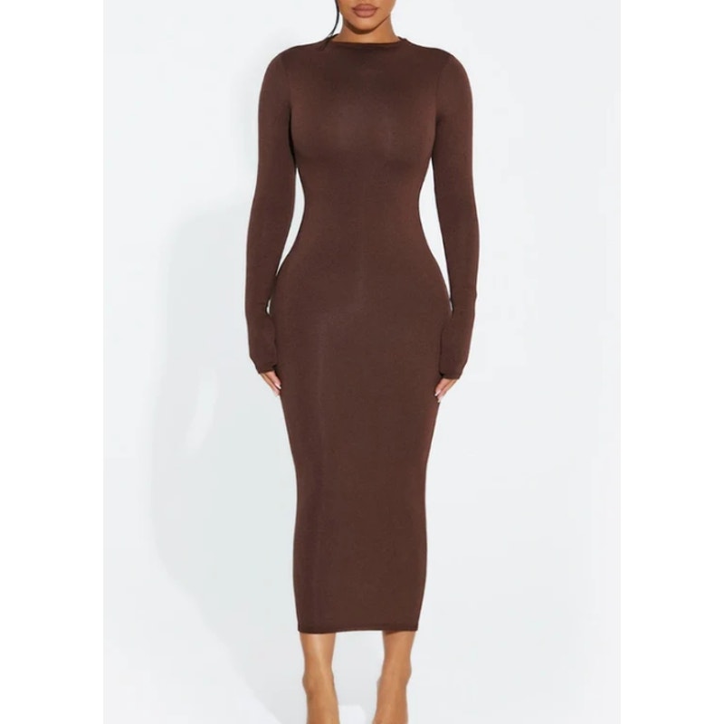 NEW Naked Wardrobe Sculpt Chocolate Brown Midi bodycon Dress Size Small NICE