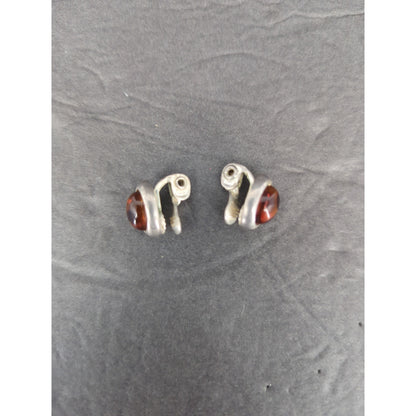 Vintage Amber Cabochon Clip On Earrings Silver Tone Enclosed Bezel Retro